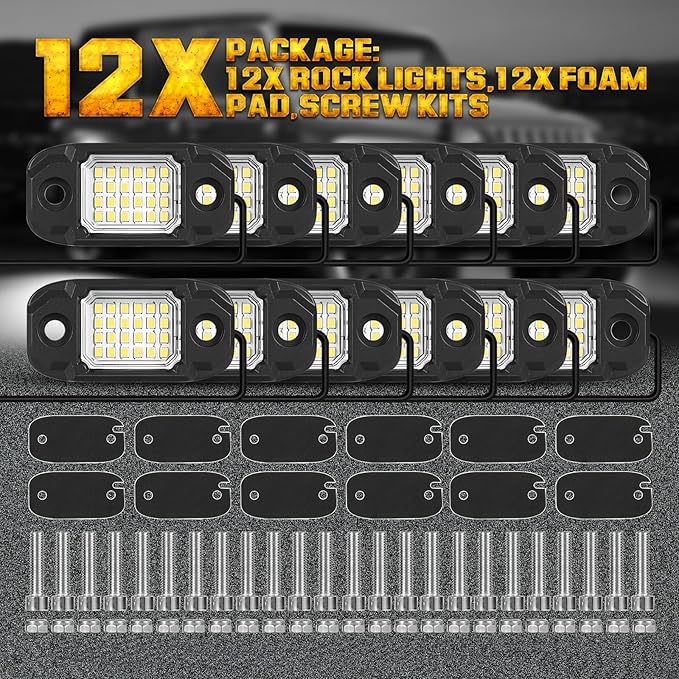 12Pods LED Rock Lights White 24led Chips Waterproof Neon Underglow Lighting Kit for Trucks SUV ATV Car
