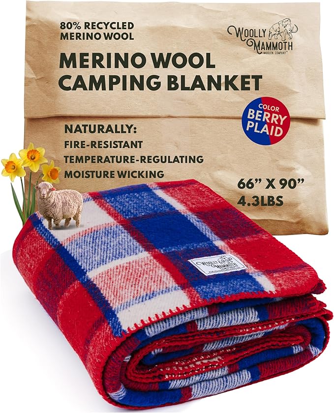 Woolly Mammoth Woolen Company Merino Wool Blanket - 80% Merino Wool - Camping Blankets for Cold Weather - Mositure-Wicking for Overlanding, Hunting, Emergency Kits, Bushcraft (66" x 90" Berry Plaid)