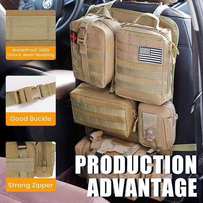 6 Pack Tactical MOLLE Car Seat Back Organizer - Universal Vehicle Storage Bag with 5 Detachable MOLLE Pouches, US Flag Patch, Fits Jeep, Truck, SUV, Car, Ford, Chevy, Toyota, Honda (KHAKI)