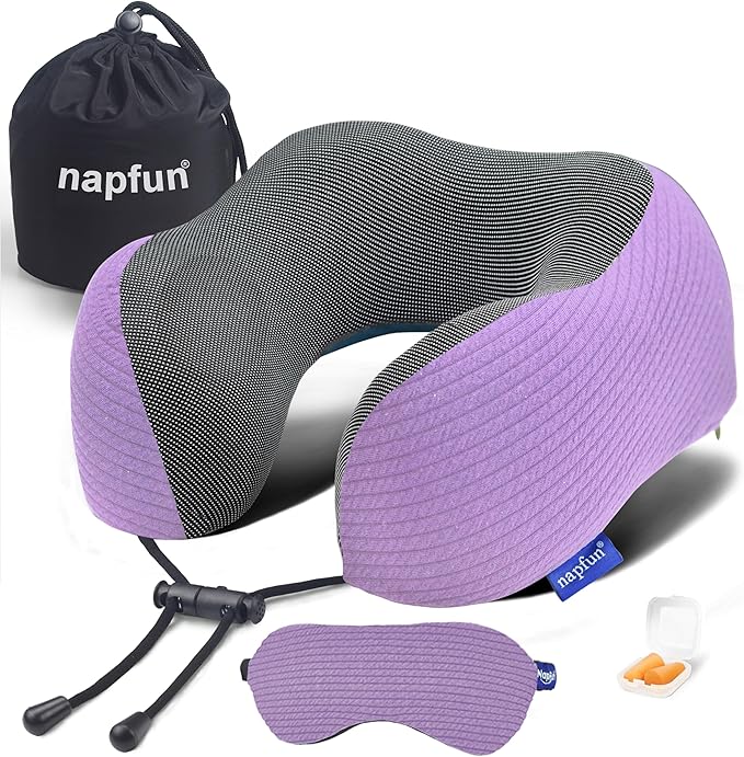 napfun Neck Pillow for Traveling, Upgraded Travel Neck Pillow for Airplane 100% Pure Memory Foam Travel Pillow for Flight Headrest Sleep, Portable Plane Accessories, Light Purple Striped Kit