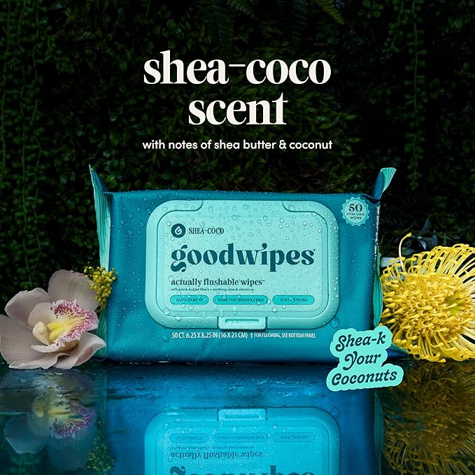 goodwipes Flushable Butt Wipes - Extra Large Adult Wet Wipes For Women & Men - Bathroom Essentials - Sewer & Septic Safe - Shea Coco & Botanical Bliss, 300 Count (6 Packs)