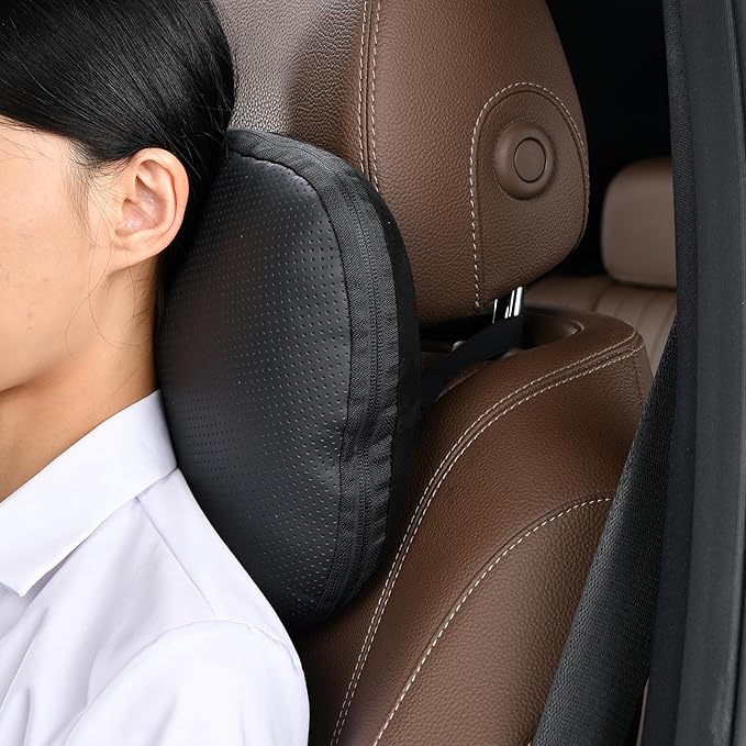 Genuine Leather Car Neck Pillow for headrest,Support Drive Seats Head Cushion,Real Cow Leather,11.8x7.5”,Plant-Based Polyester,Thickness & Height Adjustable,Inner Liner fillable(Black,1p)