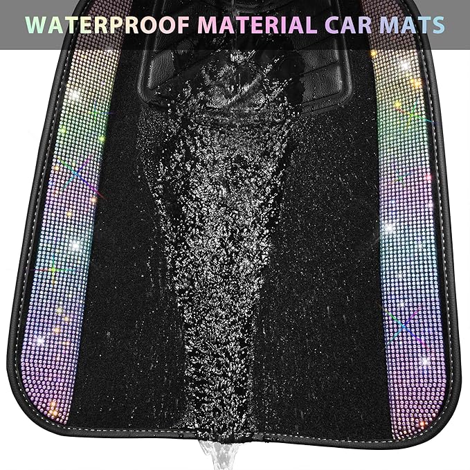 CAR PASS Iridescent Bling Rhinestones Diamond Car Floor Mats Waterproof, Anti-Slip PVC Heel Pad, Universal for Automotive SUV,Sedan,Van,4pcs Girl Women Lady Sparkly Shining Multicolor Colorful Crystal