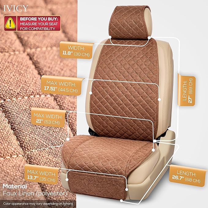 IVICY Faux Linen Front Car Seat Cover – Durable, Non-Slip Seat Protector for Cars – 1 Unit, Light Brown