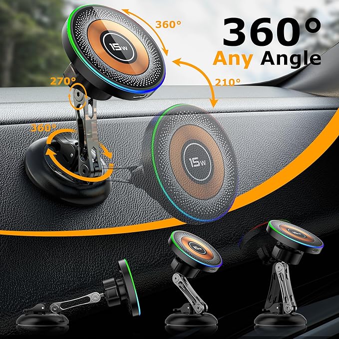 MagSafe Car Mount Charger, 2 in 1 Magnetic Phone Holders for Car, 15W Fast Charging Mag Safe Car Charger Stick on Dashboard Windshield, Car Accessories for iPhone 17/16/15/14/13/12 Series