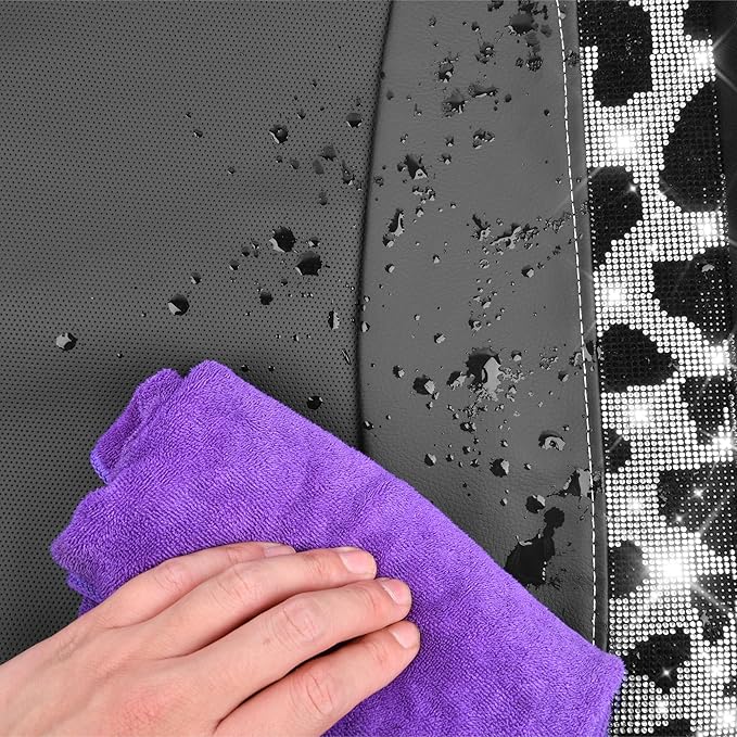 CAR PASS Cow Diamond Leather Bling Car Seat Covers Universal, Faux Shining Rhinestones Two Front only, Fit 95% Automotive Glitter Crystal Sparkle Strips for Cute Women Girl, 2PCS Cow Silver Diamond