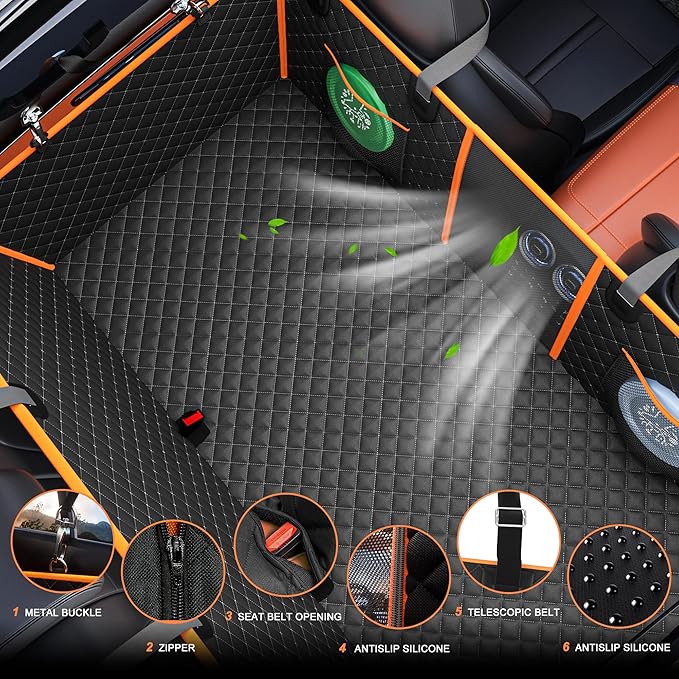 Back Seat Extender for Dogs - Large Space, Waterproof Hard-Bottom Dog Car Seat Cover for Back Seat, Holds 420lbs, Upgraded Material Waterproof Pet Car Bed Dog Hammock for Car, SUV(Gray Orange)