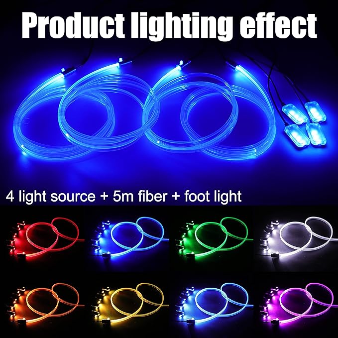 5 Meters Optic Fiber Car Ambient Footwell Lighting with Bluetooth App Control 64 Colors Multicoloured Music Interior Lighting Kit DC 12V 1W