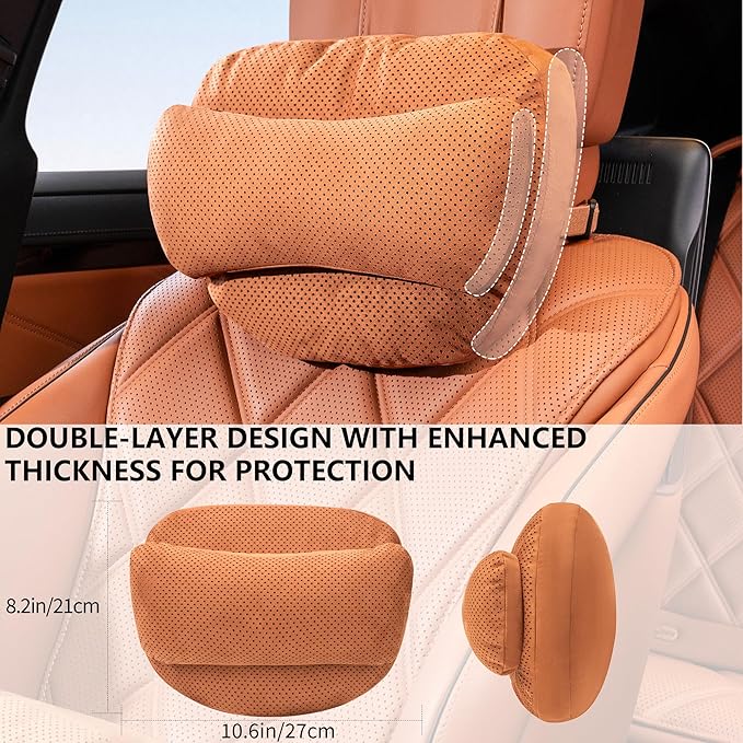 Car Headrest Pillow, Premium Suede Car Neck Pillow with Adjustable Strap, Ergonomic Car Neck Support Pillow for Relieve Driving Fatigue, Universal Fit Cars SUVs Sedan Home Office (Orange)