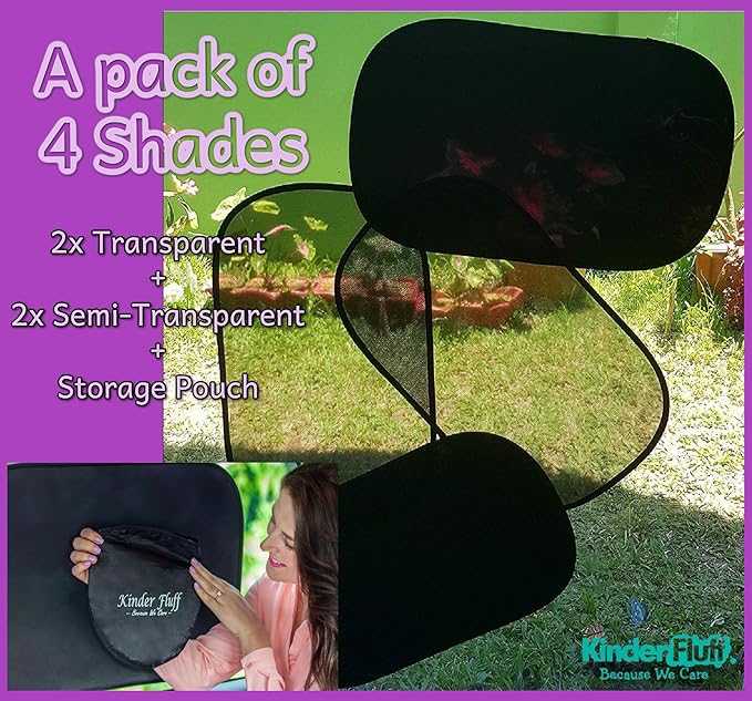Car Window Shades - Certified 99.79% UVA & 99.95% UVB sun protection. Award winning car sun shade for side windows. 4 Pack (2 Transparency options) 22" x 14" -window shade for car baby by Kinder Fluff