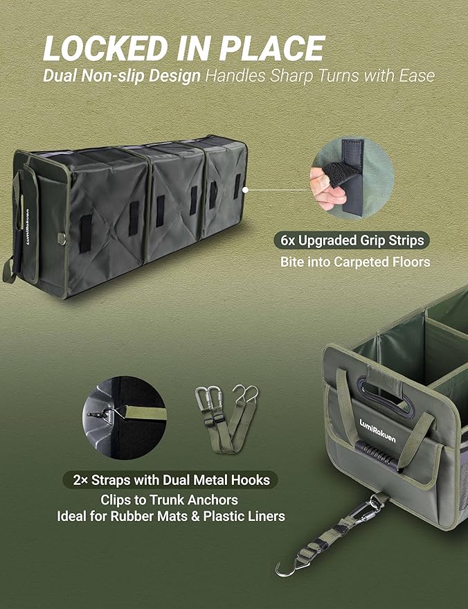 Heavy Duty Trunk Organizer with Lid for Car SUV-1680D Water-Resistant Fabric &3.5mm PP Skeleton,Collapsible Cargo Storage Box with No Sliding Metal Hooks,Fits Tesla,Truck,Sedan (XL Green