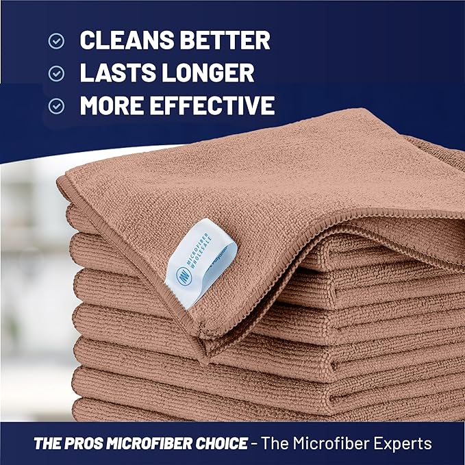 MW Pro Microfiber Cleaning Cloth | Tan | 12 Pack | 16” x 16” | All Purpose Microfiber Towels - Clean, Dust, Polish, Scrub, Absorbent