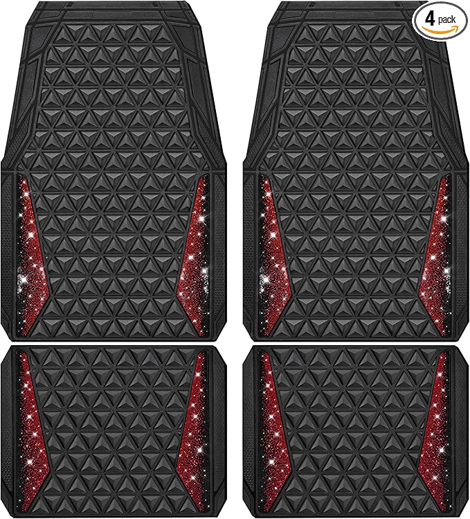 CAR PASS Bling Diamond Car Mats Rubber Floor Mats Full Set Anti-Slip 3D Rhombus Waterproof Trim to Fit Liner Universal Glitter Crystal Sparkly Shining Rhinestone Girl Women SUV Sedan Van, Black Red