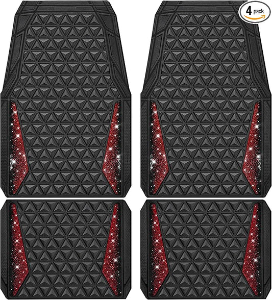 CAR PASS Bling Diamond Car Mats Rubber Floor Mats Full Set Anti-Slip 3D Rhombus Waterproof Trim to Fit Liner Universal Glitter Crystal Sparkly Shining Rhinestone Girl Women SUV Sedan Van, Black Red