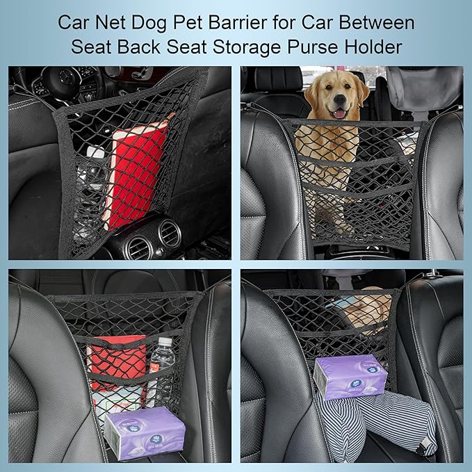 3-Layer Car Mesh Organizer Storage Bag Between Front Seats Kid Dog Pet Net Barrier Car Net Pocket Elastic Tissue Purse Holder Netting Pouch for SUV, Truck, Van 15.7" x 13.7"