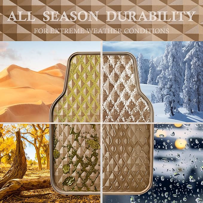 CAR PASS Deep Tray Rubber Car Mats, Heavy Duty Floor Mat for Car, Durable Anti-Slip 3D Rhombus Waterproof All Weather Car Floor Mats, Universal Fit for Truck SUV Vehicle Automotive, 4 Piece Beige