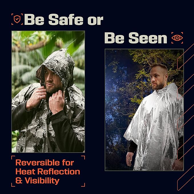 PREPARED4X Emergency Mylar Poncho – Survival Rain Poncho with Hood – Lightweight, Compact, Reusable Emergency Blanket Poncho for Hiking, Camping, Thermal Gear, Car Kit, Outdoors