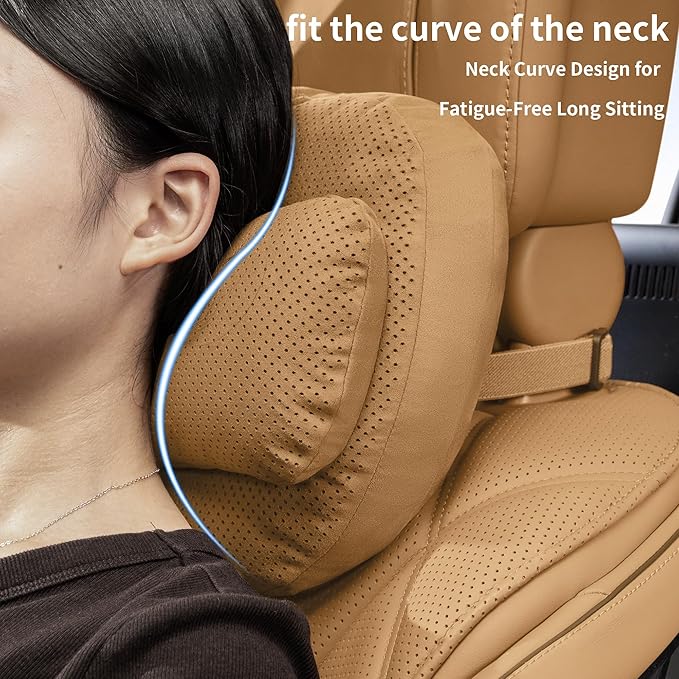 Car Neck Pillow, Soft Breathable Leather Car Neck Pillow Comfortable Head Neck Rest Support Cervical Pillow with Adjustable Strap, Universal Fit Cars SUVs Sedan Home Office (Light Brown)