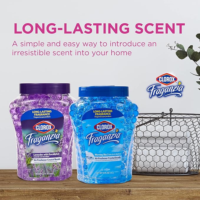 Clorox Fraganzia Crystal Beads Air Freshener, Long Lasting Room Deodorizer and Odor Eliminator Gel Beads to Freshen Home, Car, or Office, Morning Sky Scent, 12 Fl Oz - 12 Pack