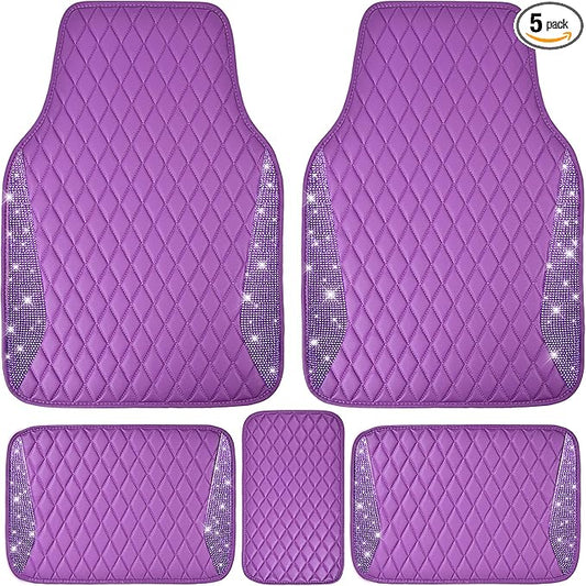 CAR PASS Bling Leather Car Mats Shining Diamond Floor Mats Crystal Rhinestone Sparkly Glitter Carpet Anti-Slip Waterproof Pad Universal Fit for Automotive SUV, Sedan, Van, 5pcs Girl Women, Purple
