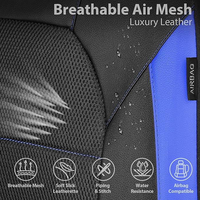 CAR PASS Leather Car Seat Covers Front Seats Only, with Air Mesh Front Seat Covers Breathable, Cool Automotive Seat Cover 2 Pack, Universal Fit Most Cars,SUV,Truck,Van Airbag Compatible(Black & Blue)