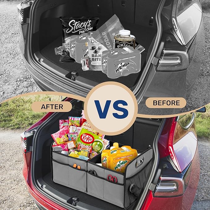 YSSOA Trunk Organizer for Car/SUV/Truck, Collapsible 2 Compartment Automotive Storage Box, 600D Waterproof Oxford Polyester 50L Travel Accessories, Anti-slip & Leak-proof, Grey