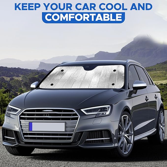 EcoNourAccordion Car Windshield Sun Shade Foldable Reflective UV & Heat Blocker | Front Window Sunshade with 4 Suction Cups, Keeps Interior Cool, Automotive Sun Visor Protector 56" x 26"