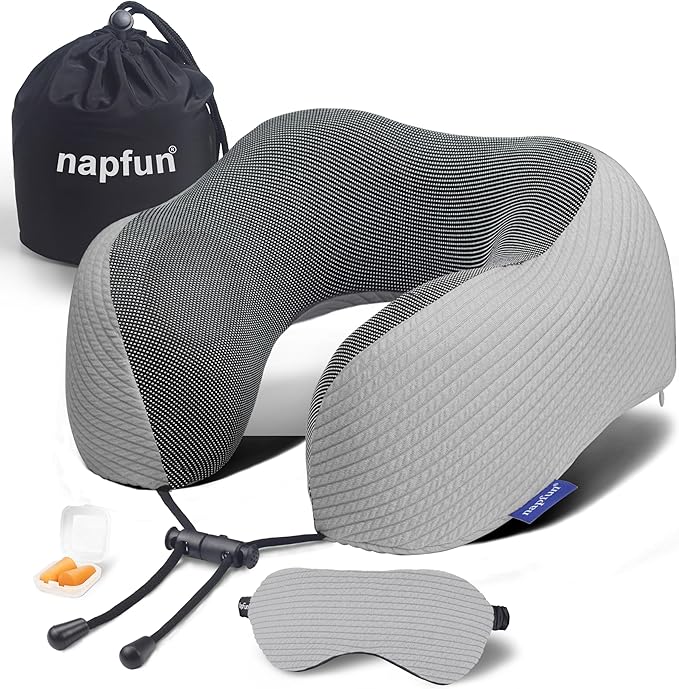 napfun Neck Pillow for Traveling, Upgraded Travel Neck Pillow for Airplane 100% Pure Memory Foam Travel Pillow for Flight Headrest Sleep, Portable Plane Accessories, Light Gray Striped Kit