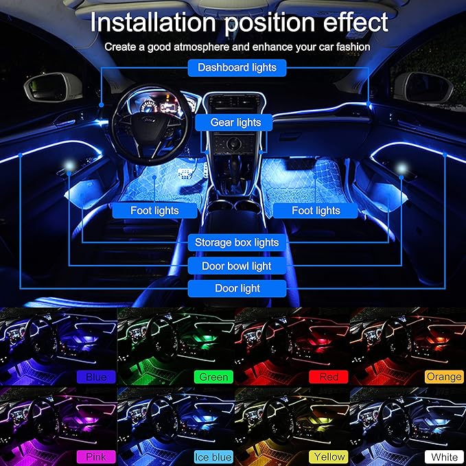 Car Interior Ambient Lighting Optic Fiber RGB 64 Colors Multicoloured Music Car Footwell Lighting Kit with Cigarette Lighter and App Microphone, DC 12V-24V 1W 4m