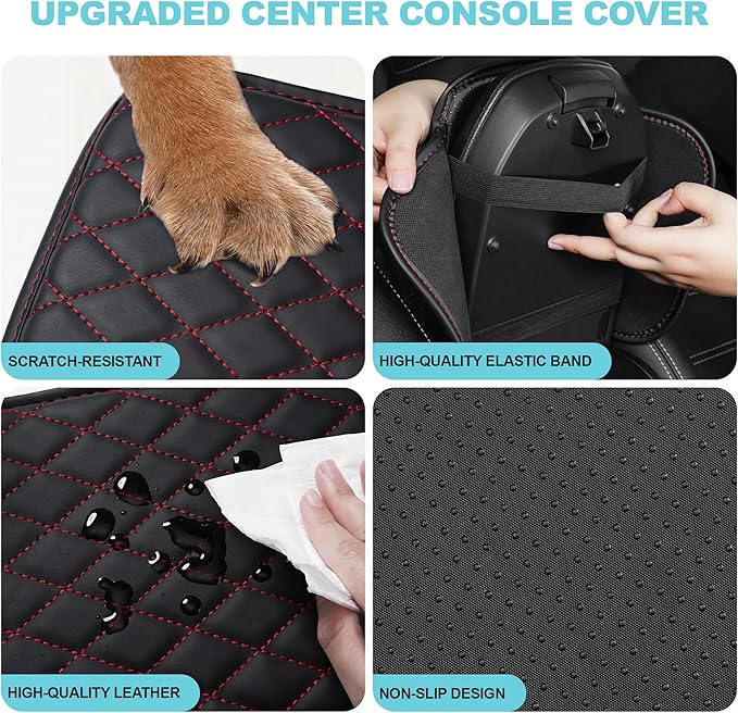 Center Console Cover Fit for Kia Forte 2010-2024 with 2 Storage Bags Waterproof Leather Quilted Pattern Car Armrest Cover Cushion Anti - Slip(Black&Red Line)