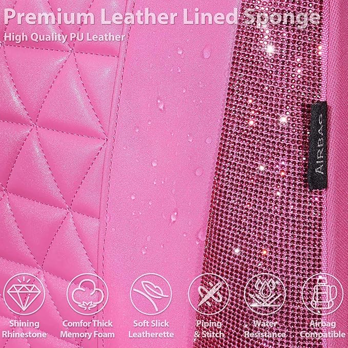 CAR PASS Hot Pink Bling Diamond Leather Car Seat Covers Full Sets, Waterproof Shining Glitter Sparkly Crystal Universal Armrest Fit for Automotive Truck SUV Cute Women Girl,Hot Pink Rhinestone