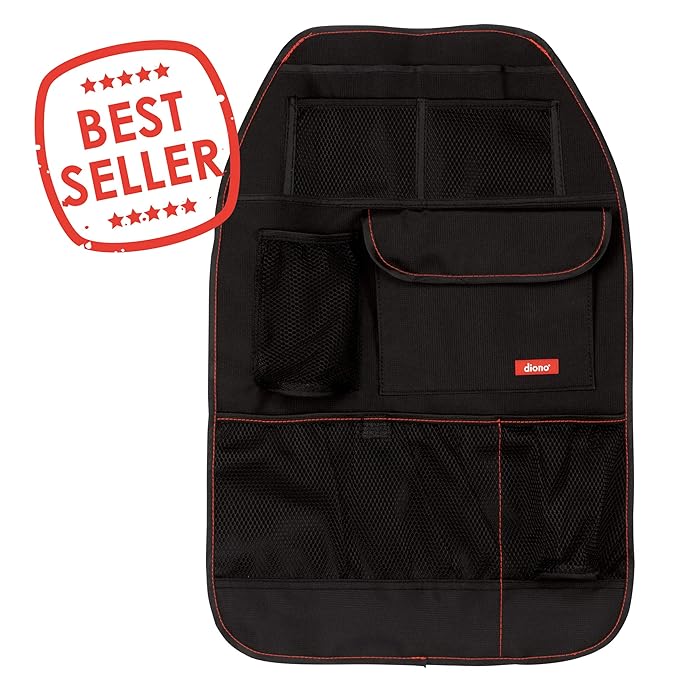 Diono Stow 'n Go Car Back Seat Organizer for Kids, Kick Mat Back Seat Protector, With 7 Storage Pockets, 2 Drinks Holders, Water Resistant, Durable Material, Black (Pack of 2)