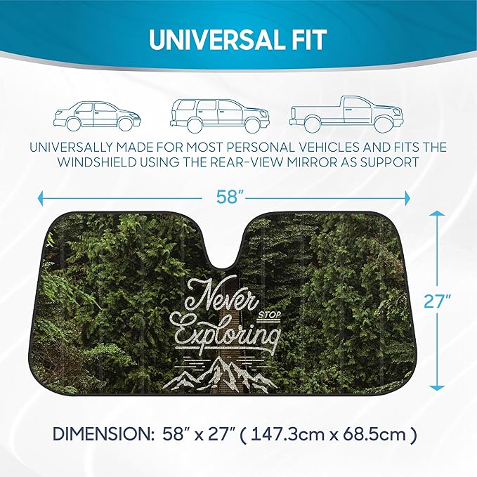BDK Never Stop Exploring Front Windshield Sunshade Accordion Folding Style Auto Shade for Car Truck SUV Van Blocks UV Rays Sun Visor Protector Easy Setup Keeps Your Vehicle Cool - 58 x 27 inches