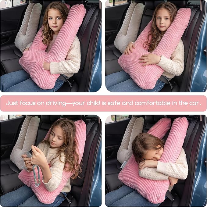 HIGOGOGO Washable Travel Pillow, Car Pillow for Kids & Adults, Travel Pillows with Removable Soft Cover and High-Support Foam, Fix Neck and Body Sitting/Sleeping on The Trip, Pink