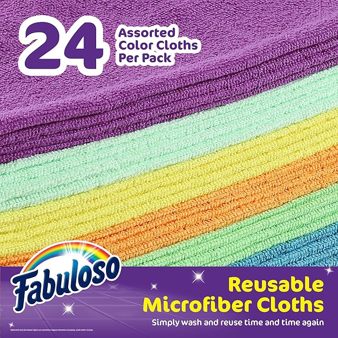 Fabuloso Microfiber Cleaning Cloths for Home & Car, Lint-Free Scratch-Free Rags for Glass, Kitchen & Wood, Reusable Machine Washable, Absorbent for Dusting & Wiping, Rainbow, 13 x 13 in, 24 Count