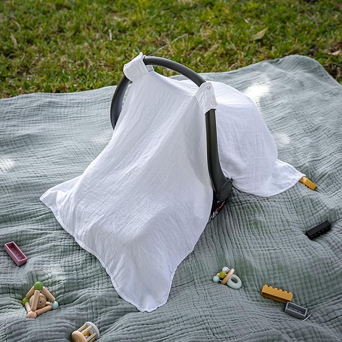 Comfy Cubs Baby Car Seat Cover - Soft, Breathable Bamboo Rayon and Muslin Cotton Blend - Lightweight Canopy for Sun, Bug, and Comfort Protection - Large Size Infant Seat Cover in White Design