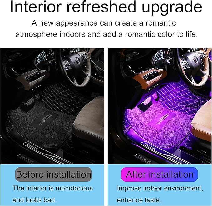 Car Ambient Lighting 64 Colors Multicoloured Music Footwell Lighting RF Remote Controller + APP Control Car DIY Decorative Atmosphere Lighting Kit DC 12V 1W