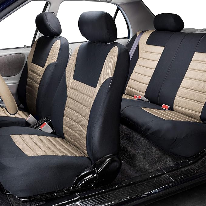 TLH Car Seat Covers Premium 3D Air Mesh Automotive Seat Covers Full Set Beige Seat Covers Airbag Compatible and Split Rear Car Seat Cover Universal Fit Interior Accessories for Cars Trucks and SUV