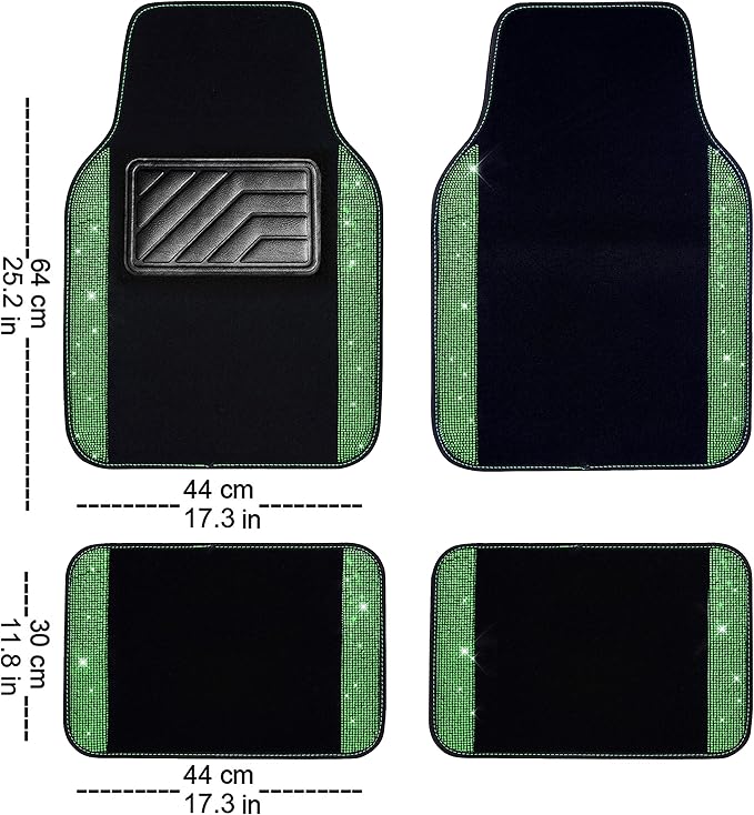 CAR PASS Shining Rhinestones Carpet, Bling Crystal Diamond Sparkly Glitter Car Floor Mats with Anti-Slip PVC Heel Pad Automotive Universal for SUV,Sedan,Car,Van,4pcs for Girl Women Green Diamond