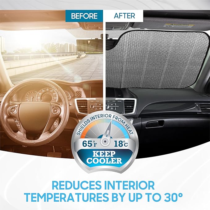 BDK Never Stop Exploring Front Windshield Sunshade Accordion Folding Style Auto Shade for Car Truck SUV Van Blocks UV Rays Sun Visor Protector Easy Setup Keeps Your Vehicle Cool - 58 x 27 inches