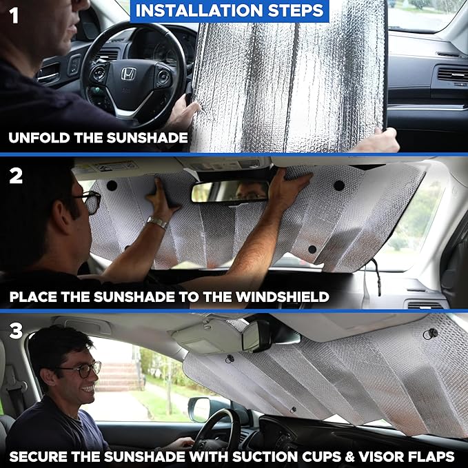 EcoNourAccordion Car Windshield Sun Shade Foldable Reflective UV & Heat Blocker | Front Window Sunshade with 4 Suction Cups, Keeps Interior Cool, Automotive Sun Visor Protector 56" x 26"
