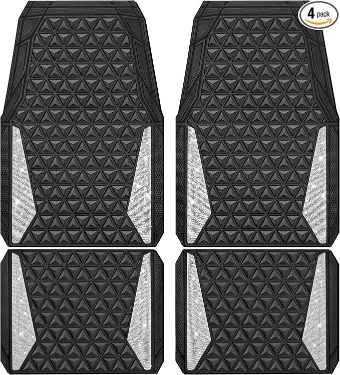 CAR PASS Bling Diamond Car Mats Rubber Floor Mats Full Set Anti-Slip 3D Rhombus Waterproof Trim to Fit Liner Universal Glitter Crystal Sparkly Shining Rhinestone Girl Women SUV Sedan, Silver Diamond