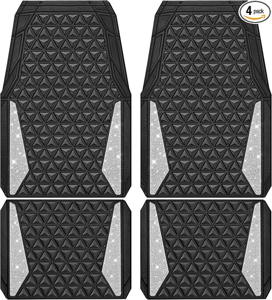 CAR PASS Bling Diamond Car Mats Rubber Floor Mats Full Set Anti-Slip 3D Rhombus Waterproof Trim to Fit Liner Universal Glitter Crystal Sparkly Shining Rhinestone Girl Women SUV Sedan, Silver Diamond