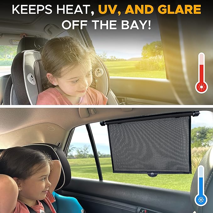 EcoNour Car Side Window Sun Shade (2 Pack) | Retractable Roller Sunshade for Kids | Baby Car Window Shades for UV and Sun Glare Protection | Baby Travel Accessories (15"x17")