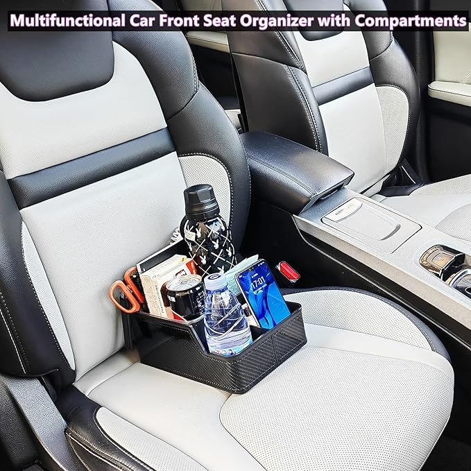Car Front Seat Organizer with Compartment,Center Console Organizer,Car Armrest Storage Box,Back Seat Cup Holder Tray,Between Seat Small Caddy with Phone Holder for Truck,SUV,Van (Black)