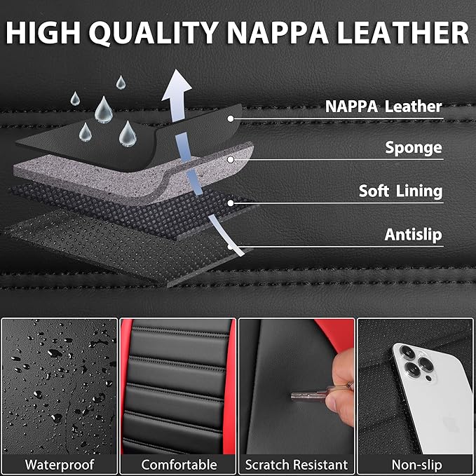CAR PASS Nappa Leather Car Seat Covers Full Set, Luxury Seat Protector for Cars, Waterproof Anti-Slip Seat Cushion Armrest Compatible Airbag Universal for Sedan SUV Pick-up Truck Auto, Black Red