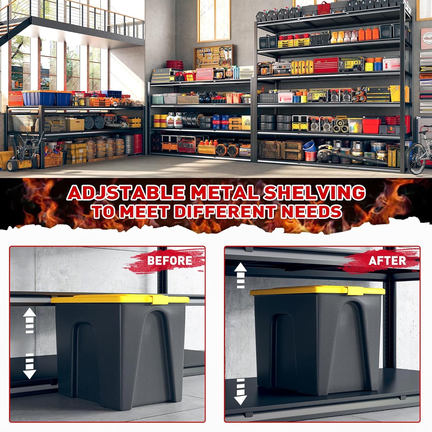 REIBII 84“H Garage Shelving Heavy Duty Storage Shelves 3500 LBS Adjustable Metal Shelving Uints and Storage for Garage,Warehouse,School,Commercial,Business, 60 "W x 24 "D x 84 "H