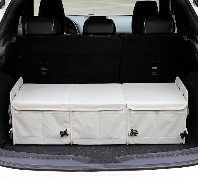 AOKJOY Car Trunk Organizer with Lid Storage Collapsible Multi Compartment Adjustable Straps for SUV, Truck, Sedan(Beige) XL