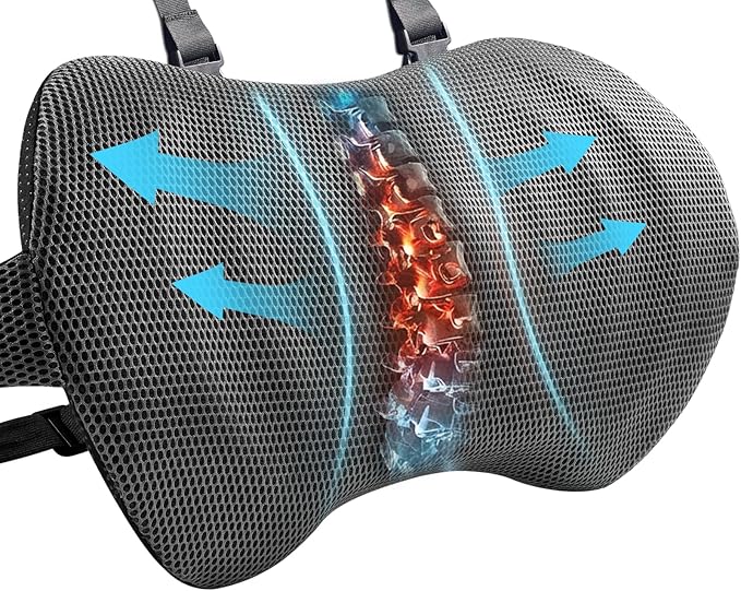 YFONG Lumbar Support Pillow for Car & Office Chair, Memory Foam Back Cushion with Adjustable Straps Non-Slip, Firm Support for Lower Back Pain Relief, Grey