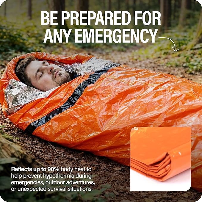 Primacare CB-3684-2 Pack of 2 Emergency Sleeping Bags for Survival, Mylar Blanket/Tent Used for Emergency, Camping, Hiking, Hunting, Outdoors, Perfect for Medical First Aid Supply Kits, Adult, Orange